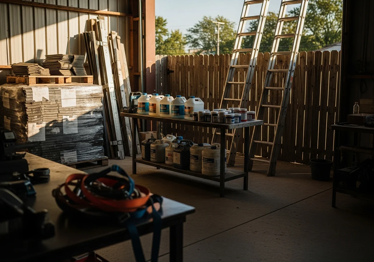 Construction crew tools and equipment staged on a work site, showing roofing materials, restoration supplies, and professional contractor gear ready for project deployment.