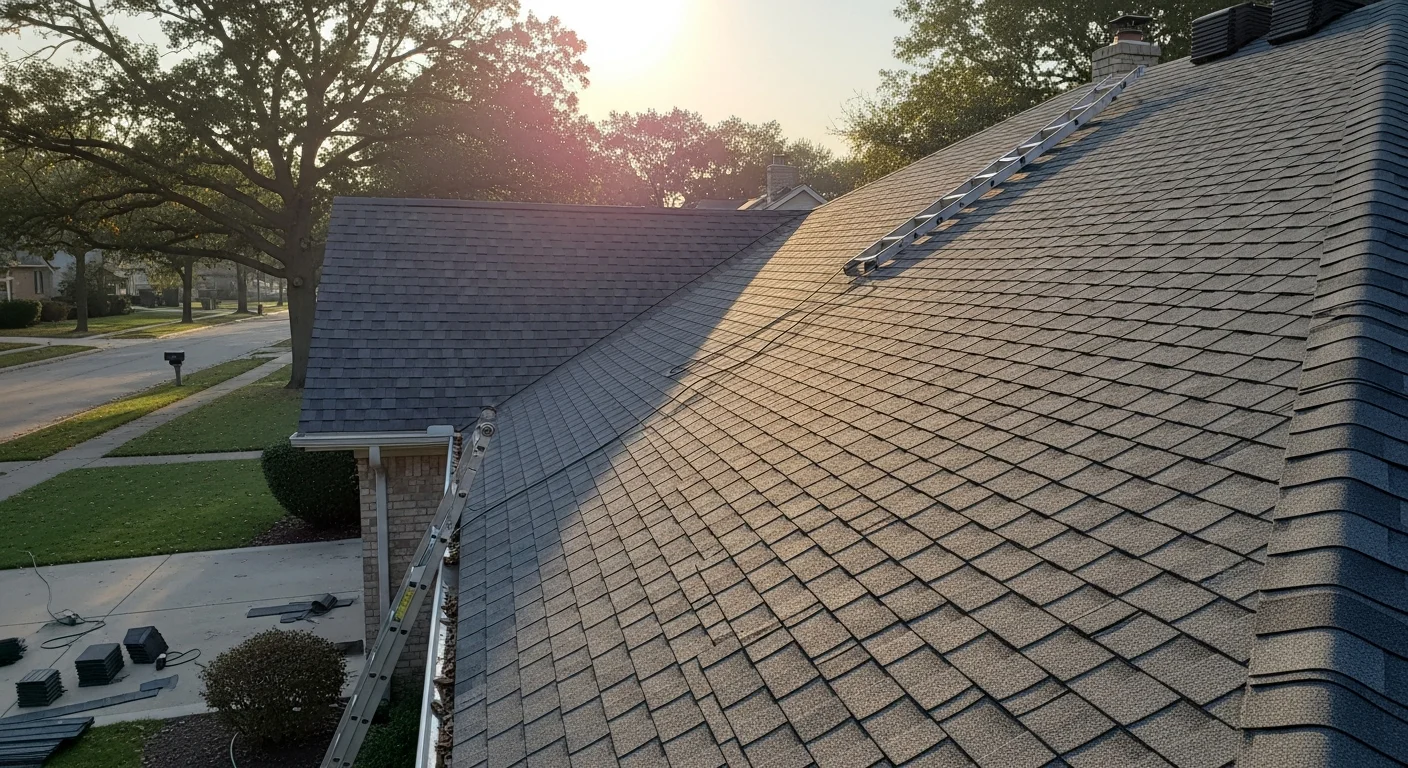 Roofer installing new shingles on residential home in Northern Illinois