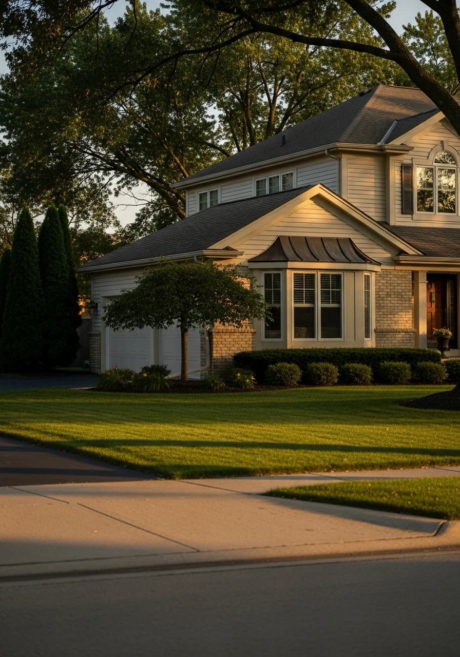 Aurora neighborhood home with traditional suburban design and mature landscaping.