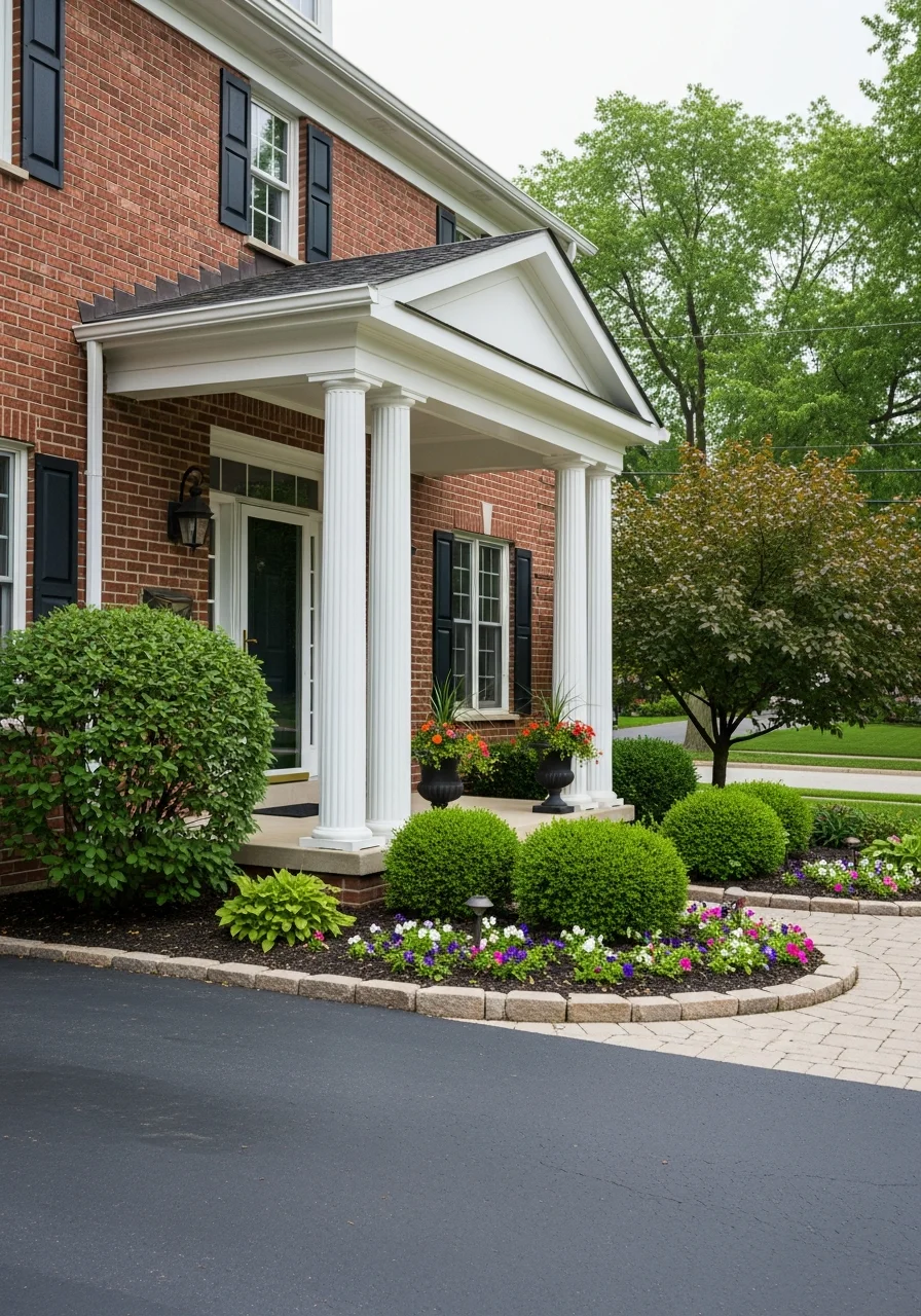 Close-up of a Downers Grove home's front entrance with traditional landscaping and welcoming porch detail.