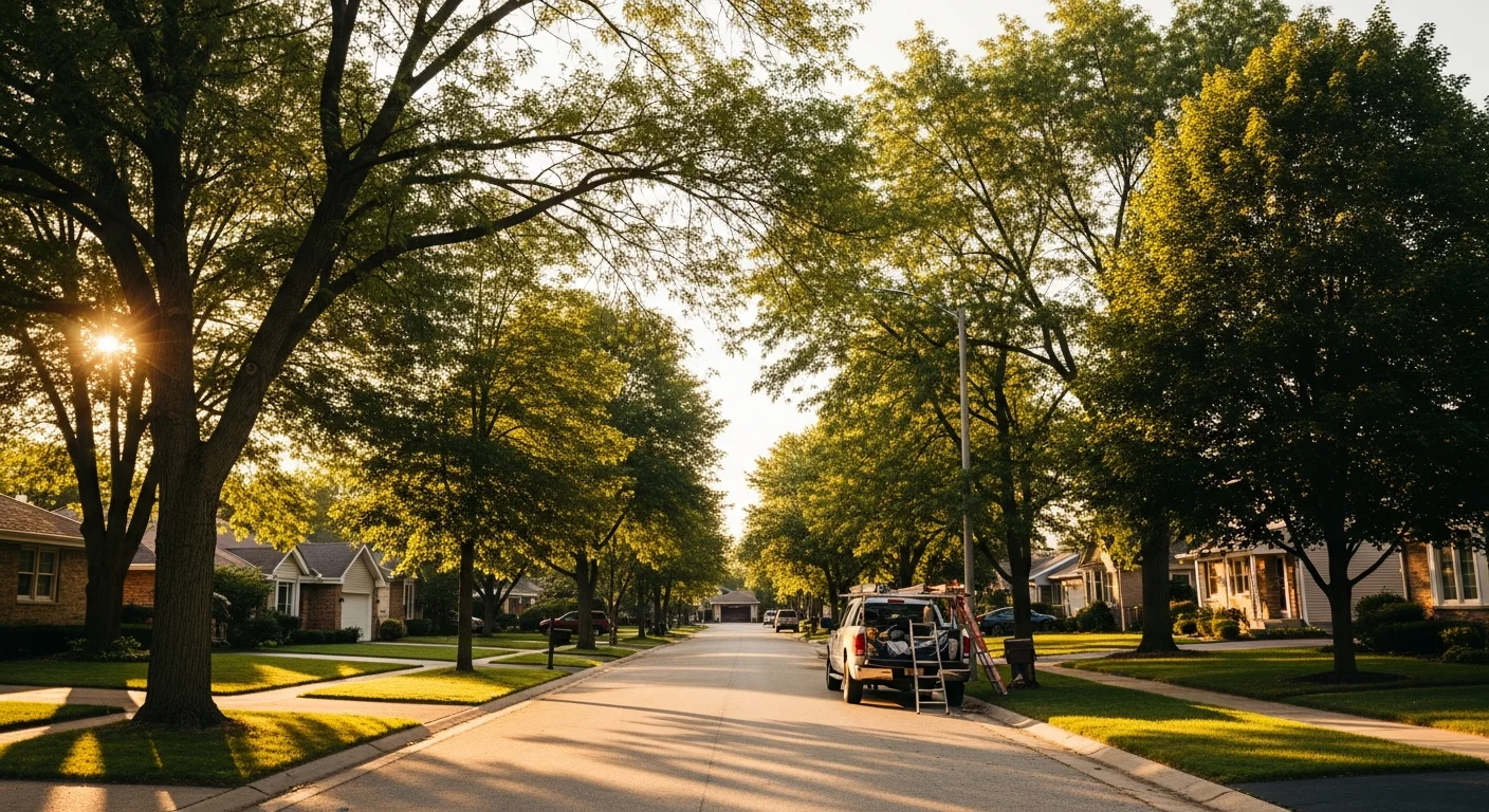Tree-lined residential street in Downers Grove with well-maintained homes and manicured lawns under clear sky.