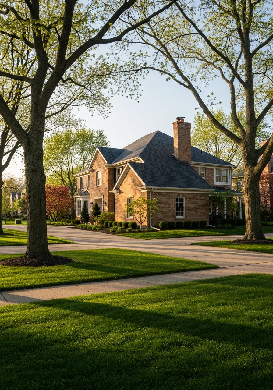 Naperville residential home with manicured front yard and mature trees reflecting neighborhood character.