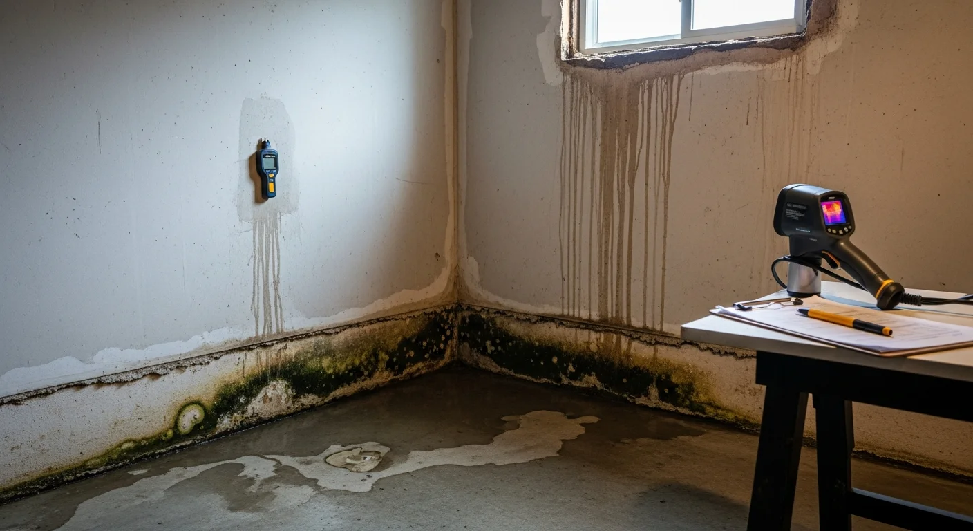 A restoration technician using a moisture meter to assess water damage inside a Downers Grove, IL home, with visible water staining on drywall and wet flooring in the background. The technician is recording readings on a clipboard as part of a professional water damage assessment.