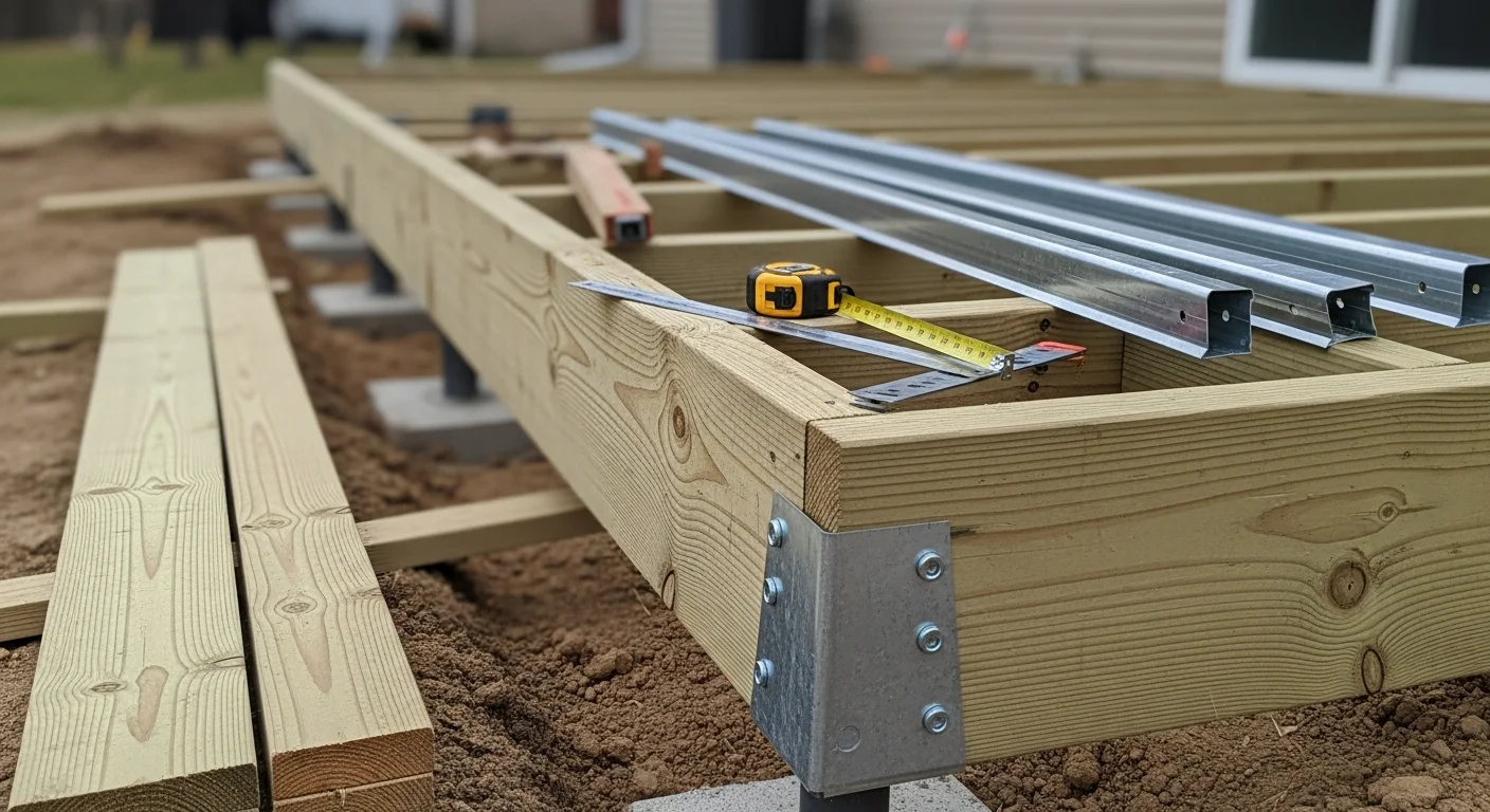 A newly installed wood-framed deck with guardrails attached to the back of a residential home in Downers Grove, IL. The deck extends over a backyard lawn with clean board lines and code-compliant stair access to grade.
