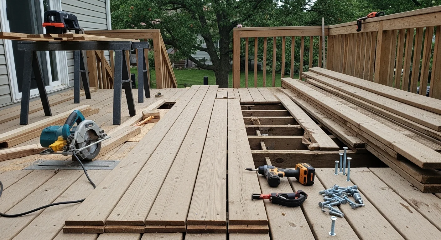 A repaired residential deck in Downers Grove, IL showing replaced decking boards and reinforced railing posts on a wood-framed backyard structure. The repaired surface sits flush and even, with no visible soft spots or splintered boards.