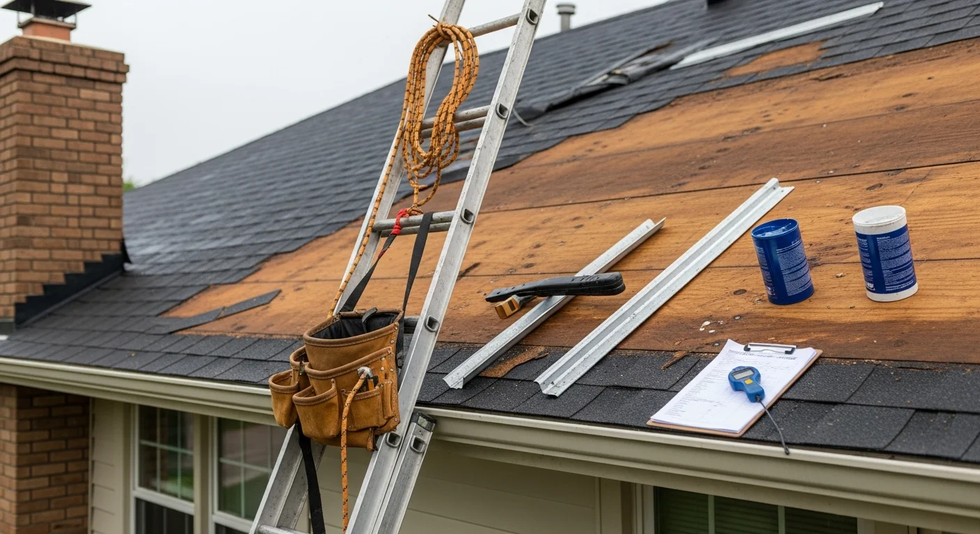 A Downers Grove, IL residential roof with storm-damaged shingles being secured by a roofing contractor after a severe weather event. Lifted and missing shingles are visible along the ridge line of a mid-century single-family home.