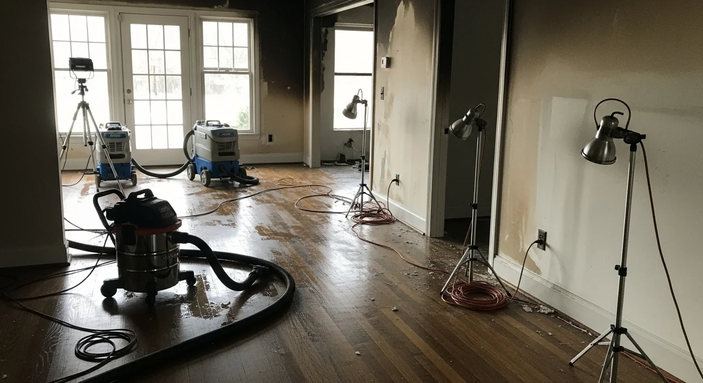 Interior of a Downers Grove home showing cleaned and restored walls and ceiling after fire and smoke damage removal. Structural surfaces are visibly cleared of soot with framing intact and ready for reconstruction.
