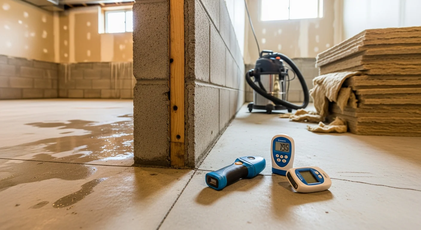 A Fire Nights Restorations technician documenting water damage in a Downers Grove home basement, photographing affected drywall and flooring for an insurance claim. Moisture detection equipment is visible on the floor beside the technician.