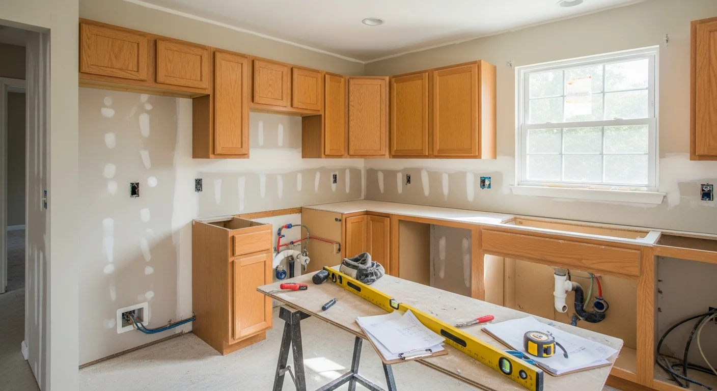 Remodeled kitchen in a Downers Grove, IL home featuring updated cabinetry, new countertops, and an open layout replacing a closed-off older floor plan. Work completed by Fire Nights Restorations, a licensed general contractor serving Downers Grove and DuPage County.