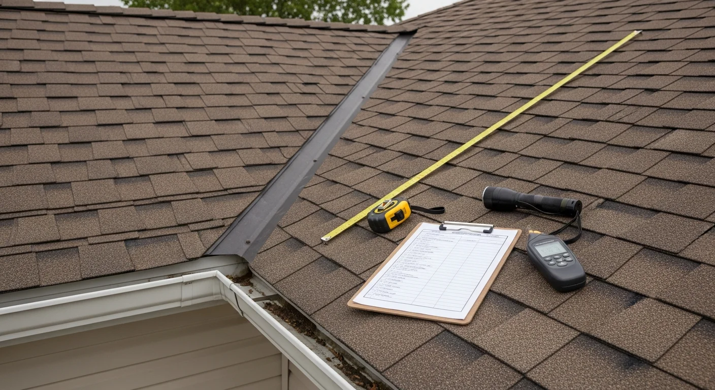 A roofing contractor from Fire Nights Restorations inspecting shingles and flashing on a residential roof in Downers Grove, IL. Close-up view shows the inspector examining the roof surface on a single-family home typical of DuPage County.