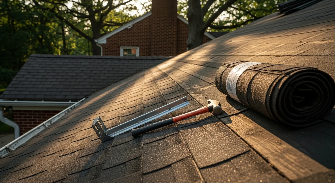 A roofing contractor from Fire Nights Restorations inspecting hail and wind damage on a residential roof in Downers Grove, IL. Close-up view shows lifted shingles and granule loss on a single-family home typical of DuPage County.
