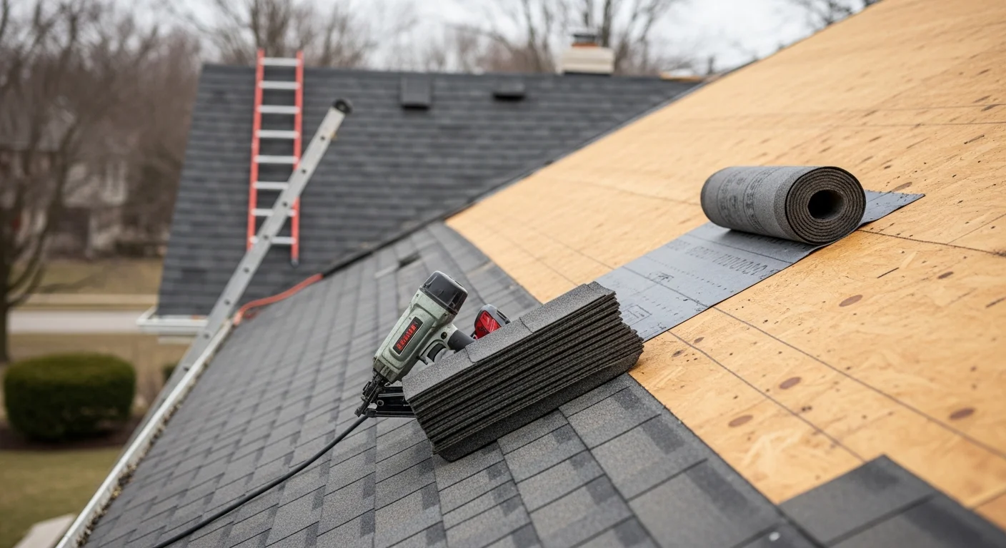 A completed roof replacement on a two-story residential home in Downers Grove, IL, showing new architectural shingles, clean ridge line, and replaced flashing around a brick chimney. The home sits in an established Downers Grove neighborhood with mature trees visible in the background.