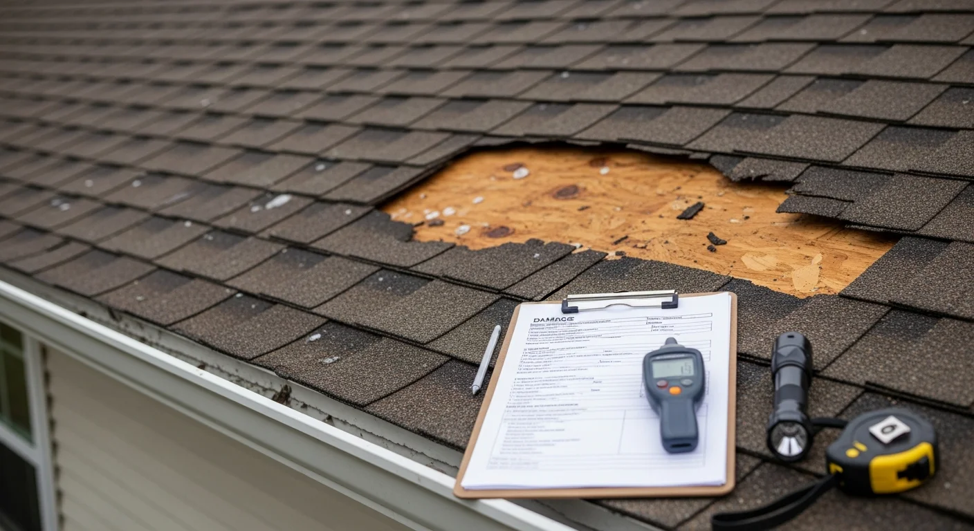 A Downers Grove single-family home showing hail-damaged roof shingles and dented aluminum gutters after a severe DuPage County thunderstorm. A Fire Nights Restorations crew member documents the storm damage with photos during a post-storm inspection.