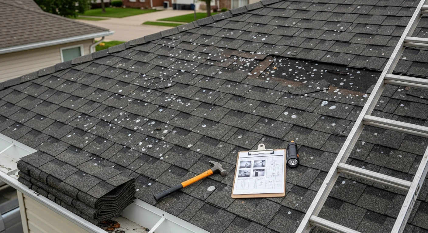 A Downers Grove, IL residential roof showing hail impact marks and granule loss on asphalt shingles after a severe storm. A Fire Nights Restorations crew member inspects the damaged slope from the roof surface.