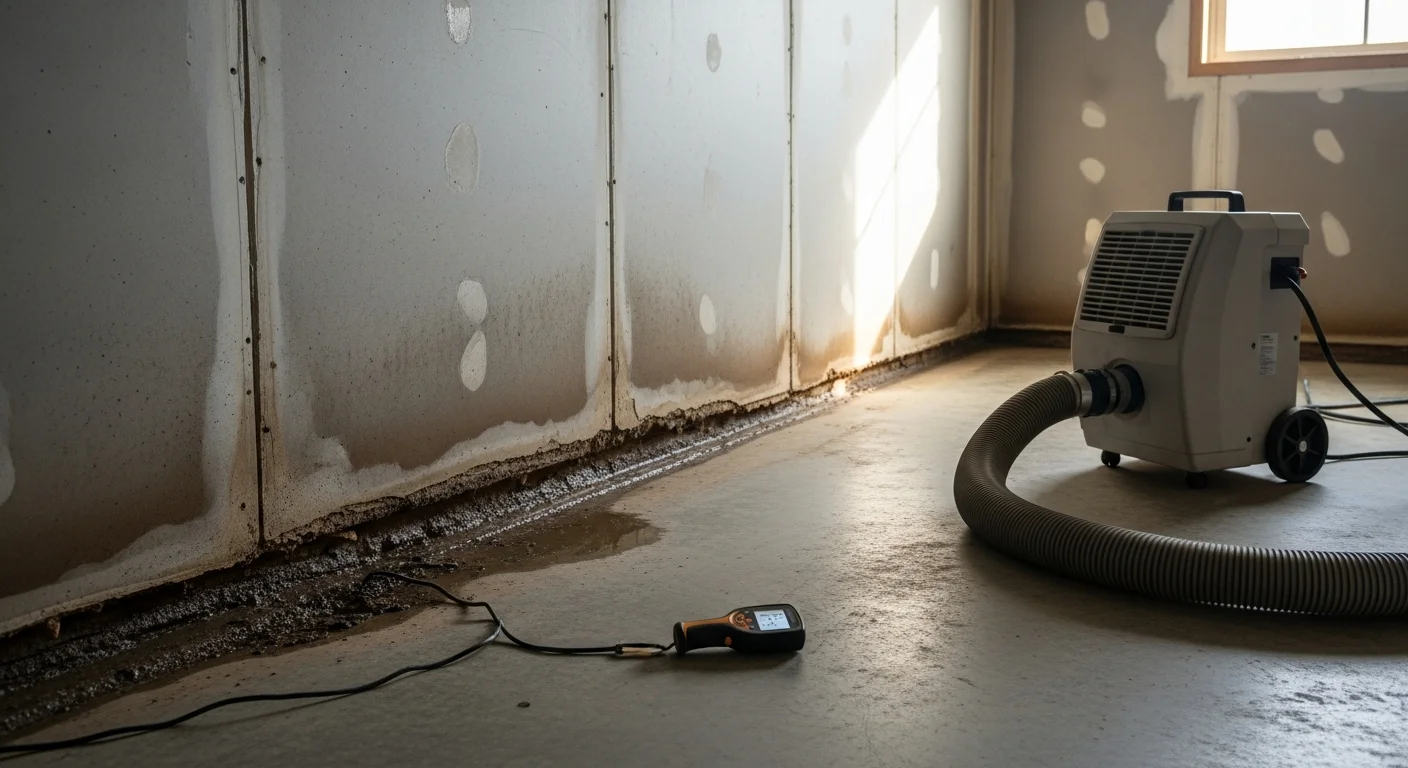 A Downers Grove, IL basement after professional water restoration, showing dried concrete floors and dehumidification equipment staged along the walls. A Fire Nights Restorations technician checks moisture readings on a drywall surface near the foundation.